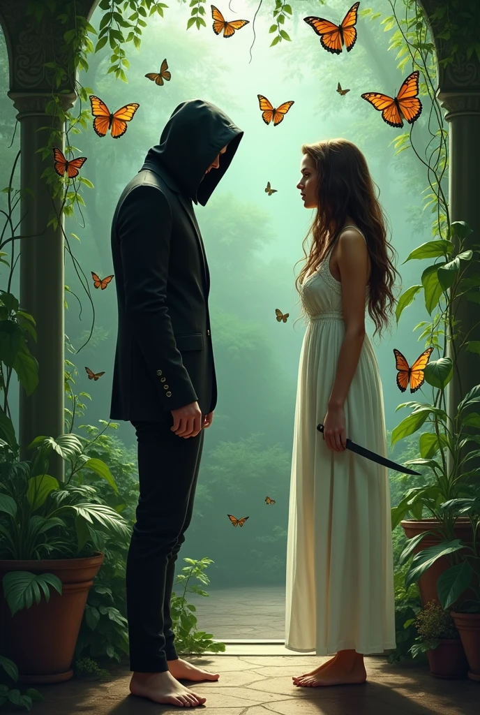 Create an image with two boys inside a butterfly house. The boy has a black suit, He has his face covered and is holding the door. The girl is wearing a white nightgown and butterflies are flying around her both. more realistic. The boy and the girl are adults and they are facing each other but they are separated and the boy is wearing a black suit covered from head to toe. More separated. The girl has a dagger in her hand. El chico es blanco y tiene tapada la cara More separated la chica con el cabello suelto. Let the girl grab the dagger. More separated. MORE BUTTERFLIES. THE GIRL IS WITHOUT SHOES AND THE BOY HAS HIS FACE COVERED WITH A. Hood the boy&#39;s suit more fitted to the body. The uniform is more fitted. MORE BUTTERFLIES. LET THEM BOTH LOOK AT EACH OTHER. LET GO OF YOUR HANDS. More separated Y SOLTARSE LA MANO