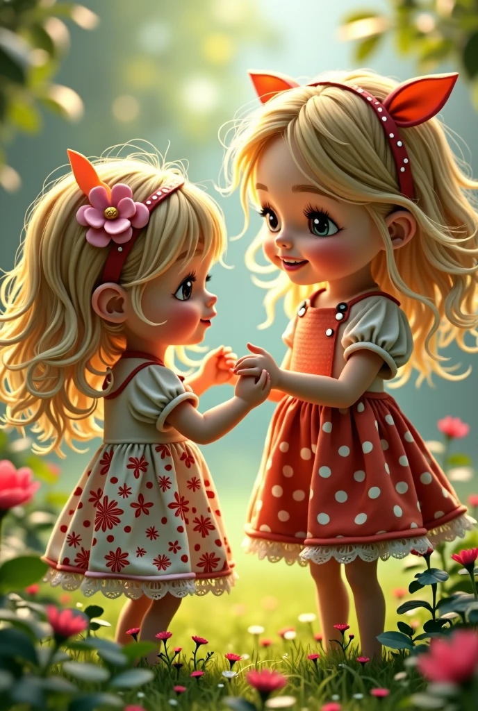 A blonde girl playing with a cute doll that uses a hang glider and has a flowery dress with red polka dots