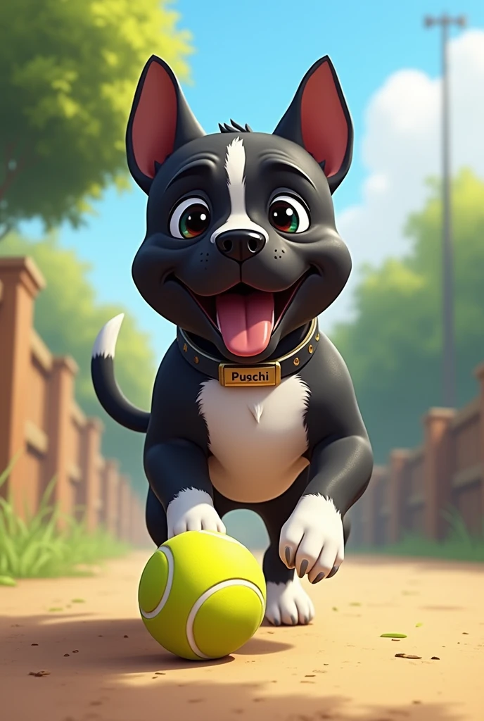 Create an illustration of my pet playing with a tennis ball. 
It is a black male with a white chest and legs., pitbull cross and has a collar with his name on it, "Puchi". And his face is all black, and their ears are small 