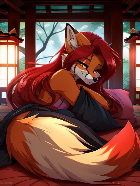 by fluff-kevlar, by ouka, by Kilinah, (((woman, breasts, antrum, extremely detailed, extremely detailed legs, extremely detailed arms, extremely detailed face, perfectly detailed eyes, perfectly detailed anatomy))): 1.2, beautiful and detailed portrait of an anthropomorphic vixen ((female))), anthro, female, red fox, high definition, good anatomy, orange fur, orange body, simple background, highly detailed face, deep yellow iris, yellow eyes, arm tuft, leg tuft, red hair, long hair, face markings, face fur patterns black, speech bubble, heart, hearts, night, moody lighting, full body, sexy body, slanky body, sexy face, nice, hot, cute, blushing, friendly smile, smile, friendly, elegant, dark, mysterious, alluring, beautiful, thigh highs, yukata, wearing a yukata, SFW, sultry look, wink, one eye closed, chest covered, playing with own hair, touching hair, on knees, pillow, on a pillow