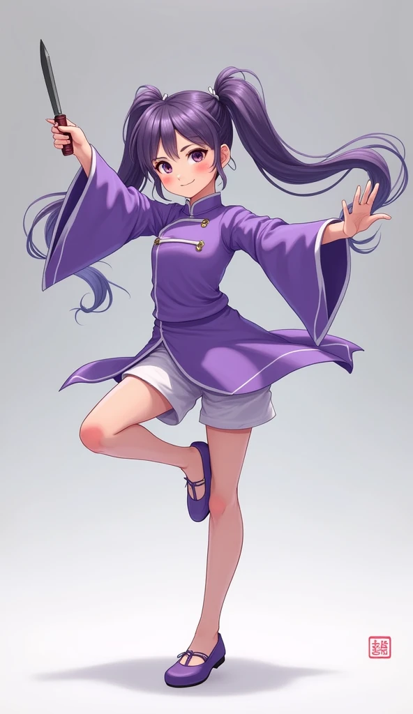 1 girl、alone、Gazing at the audience、smile、Twin tails、Simple Background、Long sleeve、Holding a knife、Mouth closed、Are standing、Purple Hair、whole body、Chinese clothing、Lift your legs、Standing on one leg、Purple Chinese Dress、White shorts、purple shoes、No socks、Flat shoes,Acrobatics