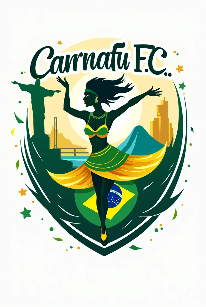 crie a logo de um time chamado "carnafut F.c.", with these letters, that has a carnival symbolism, samba, rio de janeiro and with the colors of Brazil.