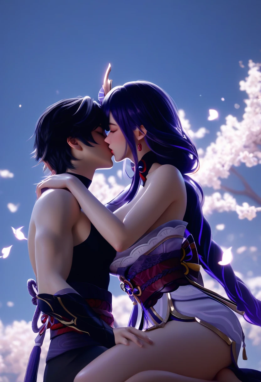 score_9, score_8_superior, score_7_superior, High-resolution images,masterpiece,Highest quality,girl,かわいいKissing Face,,Kissing Face, large breast ,Beautiful Skin,_Shogun_Genshin Impact, Purple long hair,Both eyes closed,Slouching