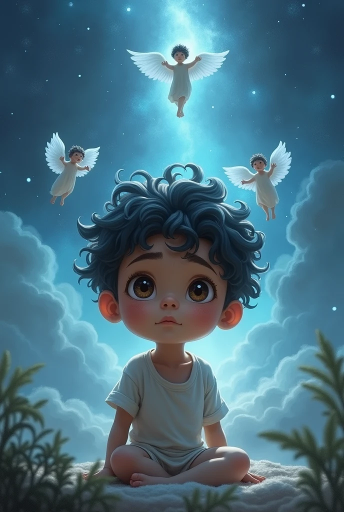 A boy with short curly hair, black and brown in color,brown skin color ,dark brown eyes almond eyes , small chubby straight nose, mouth medium heart, childs,spiritual world with affections of longing and is in a hurry to reincarnate , in the spiritual world, child, com os anjinhos pequenos em cima no ceu cercado por childs, wishing a good night CHILD SPIRITUAL WORLD BLUE COLOR GHOST ENERGIES AND COSMOS, light black boy,curly brown , realisitic