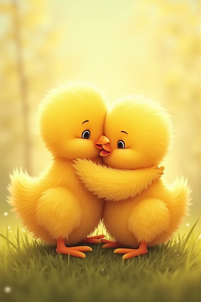 A pair of very cute yellow chicks hugging each other and forming a yellow heart