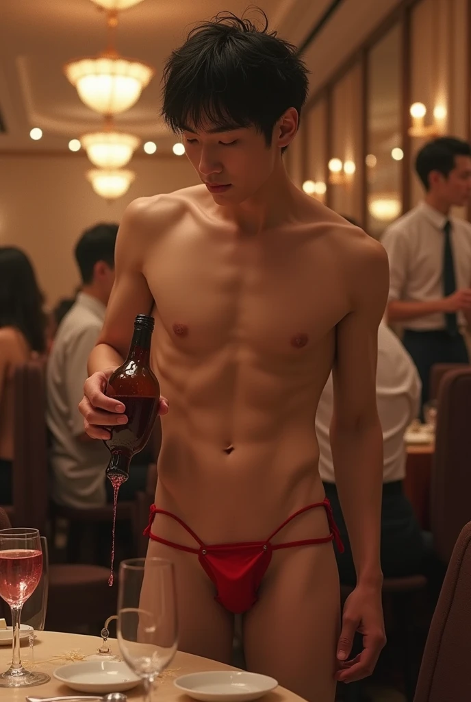 Real photo style、Realistic、Cute handsome man、Idol face、、Japanese、Slim body、Mash Hair、Completely naked、Full nudity、Crowded fine dining restaurant、Pouring red wine from a bottle、Thin-strap red bikini pants