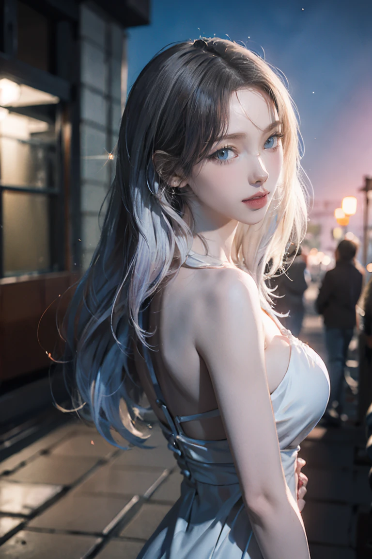 Highest quality, masterpiece, Ultra-high resolution, (Realistic:1.4), RAW Photos, Aesthetics and atmosphere, Dark Shot, Film Grain, Soft Focus, Bokeh, Night Shots, masterpiece realistic volumetric light,,One girl, Purple eyes, Gray Hair, Curly Hair, Grin, (freckles:0.8), thigh, Medium chest, Upper Body, (Sparkling:1.3) Sequined Mini CNS Dress, (panties),ray tracing reflection, Desert street, path, City lights, Beautiful sky, Relying on the wall, From the side,NSFW,Large Breasts, Small waist