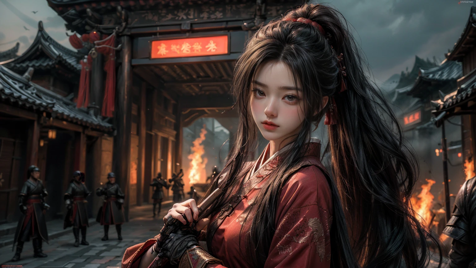 ((masterpiece, Top quality, high resolution, Reality, Raw, 8k wallpaper)), Hanfu female soldiers, Heroes of the Three Kingdoms, (hands holding sword), She has long black hair tied back, Wearing armor,Wearing a red official hat, Enemies all around,In the background is a burning city,