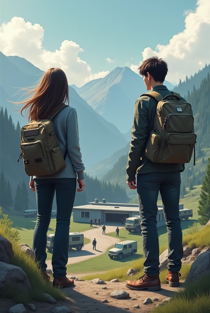 Two scientists, a woman with loose hair and a man. They are on a mountain overlooking a secret base . With three guards outside and three military vehicles parked. And a mountainous background can be seen. Que la mujer tenga un suéter gris y un pantalón oscuro y que ambos tengan una mochila y esten en un espacio alto de la montaña