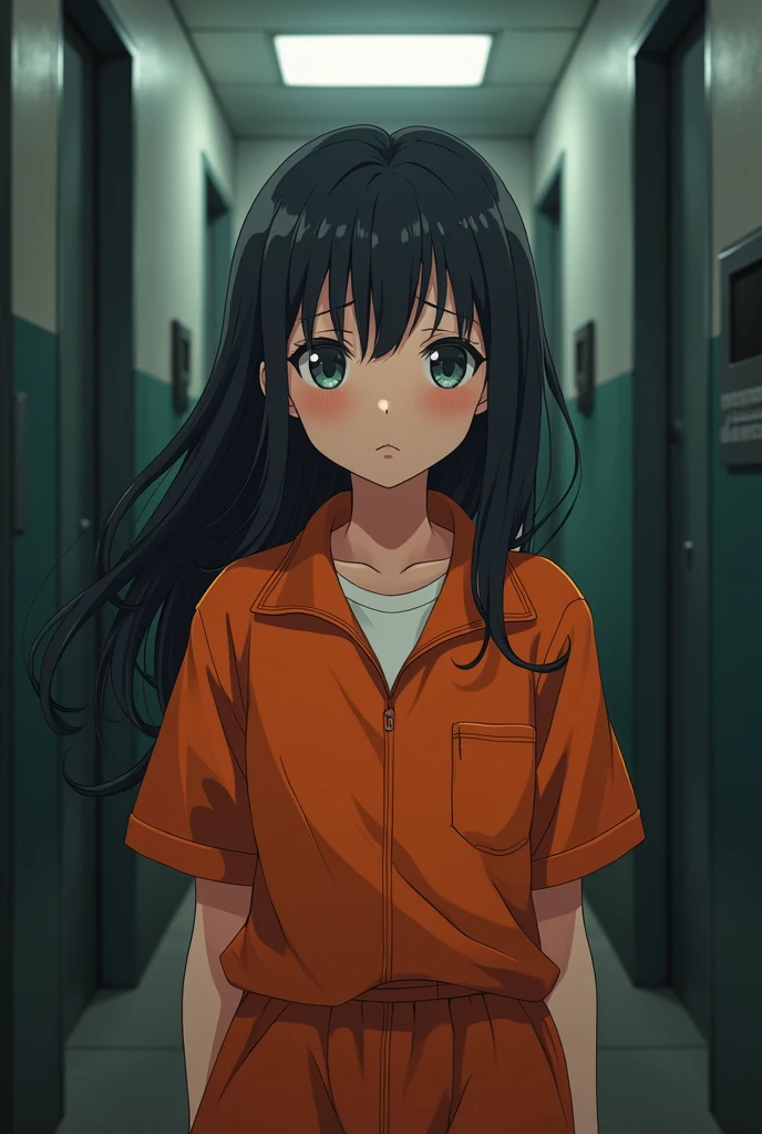 Female anime prisoner wearing orange jumpsuit
