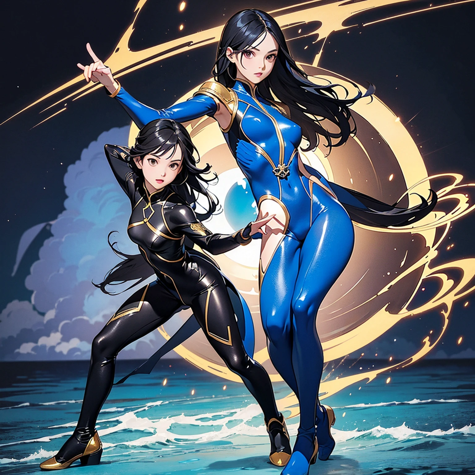 ((Full body photo, standing, feet on the floor)) 2girls, highest quality、shoe without heel, Realistic、female、Japanese、zoom、cute、Brown eyes、Black Hair、long hair、Blue hero suit、Gold accents on suits、Shiny bodysuit、Ocean