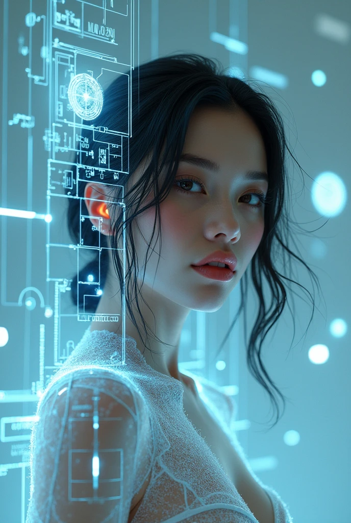 (masterpiece:1.2,exceptional quality,mirror-like,cinematic experience,photorealistic:2.0,RAW Photos:2.0,Super detailed),8k,Wallpaper,(Representation of plans through holograms:2.0),(beautiful woman:2.0),cyborg femenino,(Cyborg Feminino blueprint:2.0),(Draw the Front View:2.0),(avant-garde design:2.0),(Draw detailed plans:2.0),(Numerous notes on configuration:2.0),(beautiful face,pretty eyes,beautiful hair)