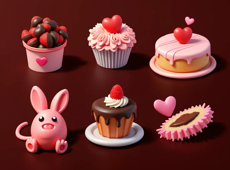 a close up of a bunch of different items on a table, High quality 8k detailed artwork, super detail of each object, 3d stylized, Romantic theme, candies, love theme, 3D icon for mobile game, (pink colors), beautiful 3d rendering, Material package, cake, 3d stylized graphics, smooth 3D rendering