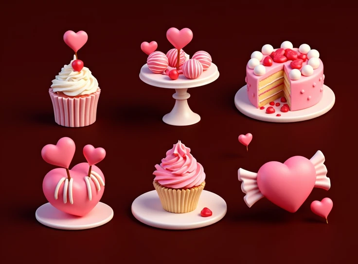 a close up of a bunch of different items on a table, High quality 8k detailed artwork, super detail of each object, 3d stylized, Romantic theme, candies, love theme, 3D icon for mobile game, (pink colors), beautiful 3d rendering, Material package, cake, 3d stylized graphics, smooth 3D rendering