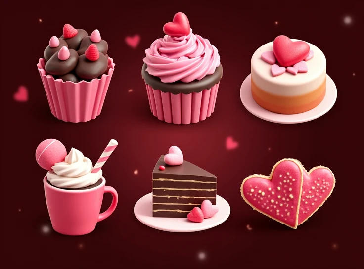 a close up of a bunch of different items on a table, High quality 8k detailed artwork, super detail of each object, 3d stylized, Romantic theme, candies, love theme, 3D icon for mobile game, (pink colors), beautiful 3d rendering, Material package, cake, 3d stylized graphics, smooth 3D rendering