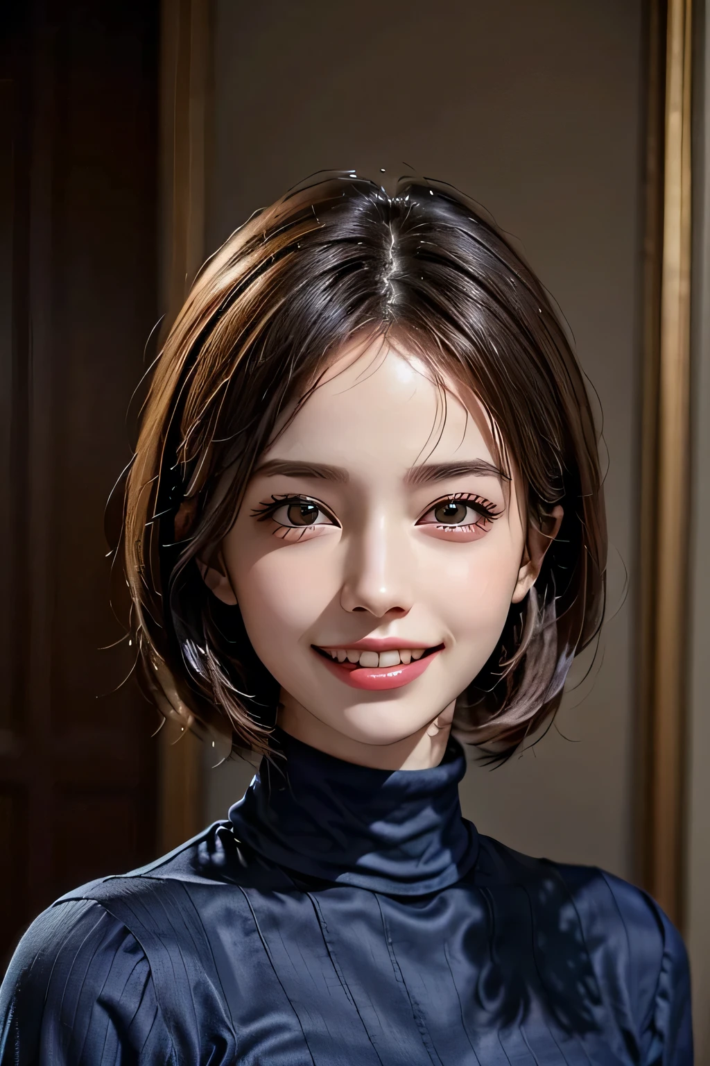 ((masterpiece)), ((Highest quality)), ((Complex)), ((Surreal)), (Realistic), (Mature Woman), ((No classes)), Very detailed, (1 female), Beautiful and exquisite, (Beautiful Teeth), Grin, Brunette bob hair, Brown eyes, ((Blue turtleneck)), (Upper Body), (background:none), Perfect Eyes, Captivating eyes, Looking at the audience