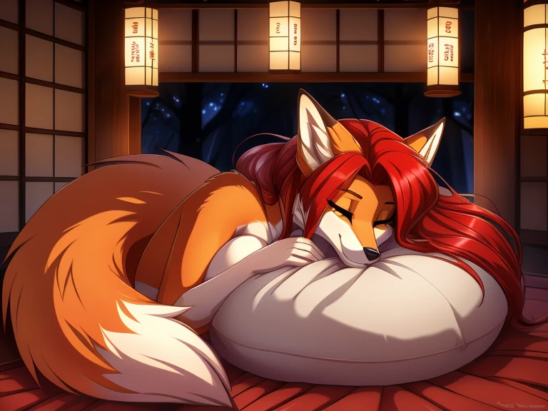 red fox, female, vixen, fox tail, heart, lovely, gorgeous, majestic, elegant, mysterious, alluring, beautiful, sexy body, voluptuous, hair, scarlet hair, red hair, yellow eyes, smile, gazing at viewer with side eye, side view, full body, highres, perfect artwork, absurdres, rzminjourney, vector-art, curled up, tail curled up cuddling, curled up cutely, sleeping, sleeping cutely, waifu, on a bed, black pillow, in a bedroom, night, inside of a japanese shrine