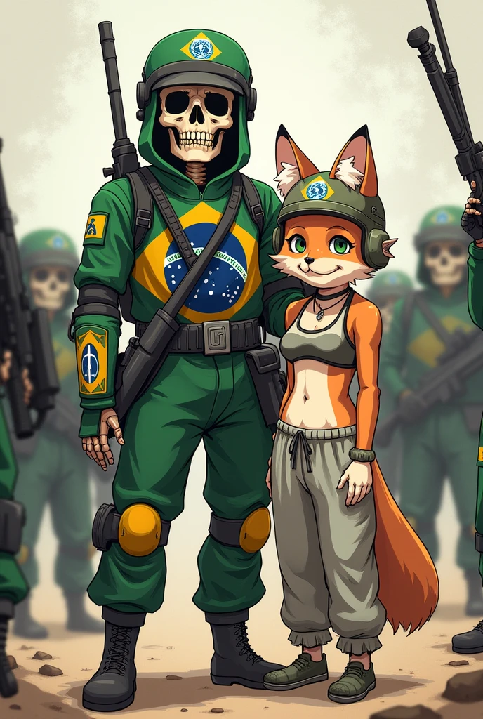 Brazilian skeleton soldier with UN helmet, with the company of a furry fox in a bra and sweatpants with a UN helmet, cornered by the enemy in cute sexy anime drawing.