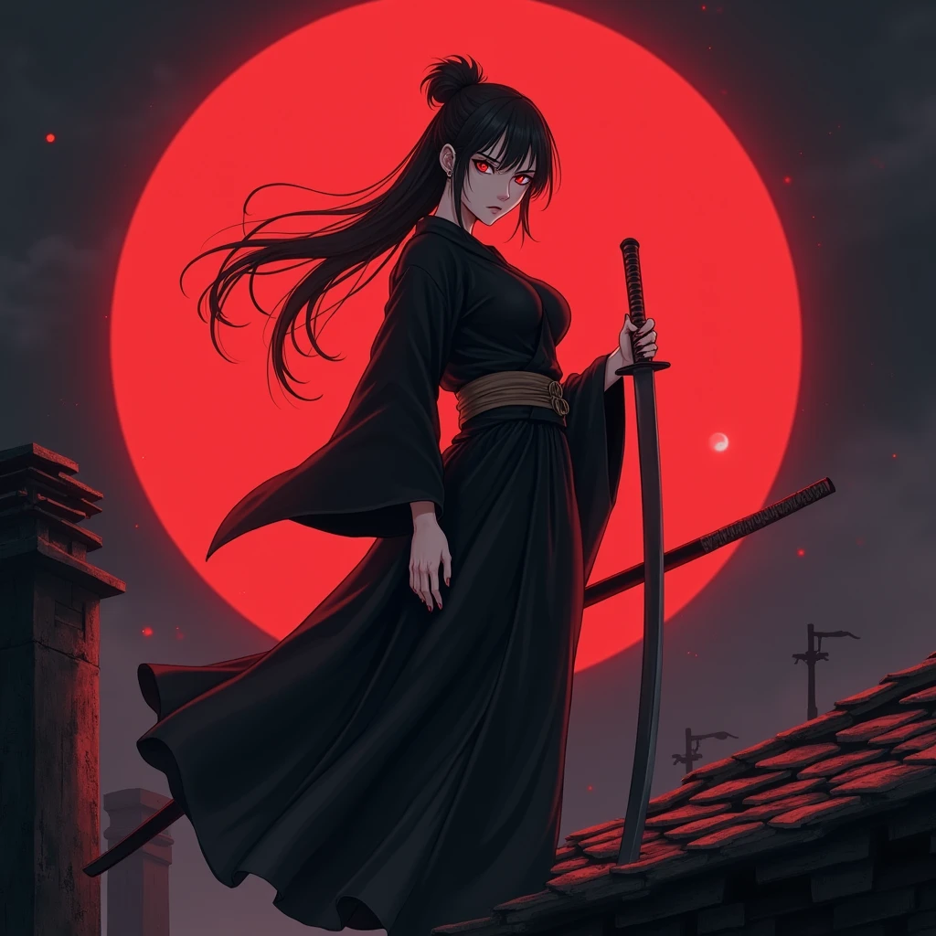 Long black hair、Hair tied up、、woman、kimono、A large red crescent moon is depicted in the background.、On the roof of an old building、Too much exposure、Red eyes、Cold look、profile、Anime Style、Black Haori、Belt around the waist、Look here、holding a long sword in a sheath、Big Breasts