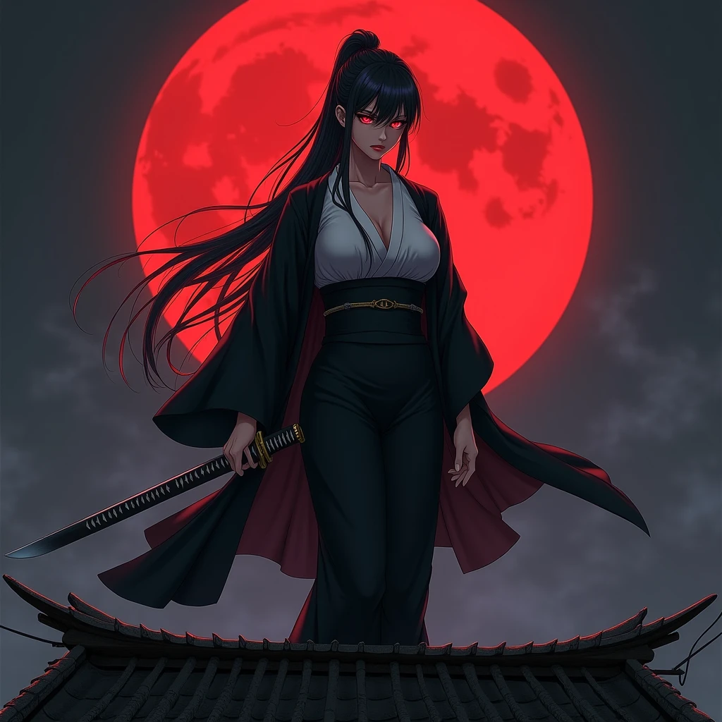 Long black hair、Hair tied up、、woman、kimono、A large red crescent moon is depicted in the background.、On the roof of an old building、Too much exposure、Red eyes、Cold look、profile、Anime Style、Black Haori、Belt around the waist、Look here、holding a long sword in a sheath、Big Breasts