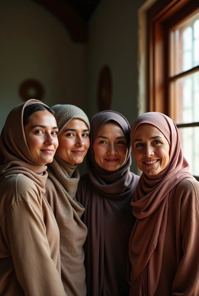  The image shows four women posing together, two of whom are wearing headscarves. They are indoors, possibly in a room with a window.