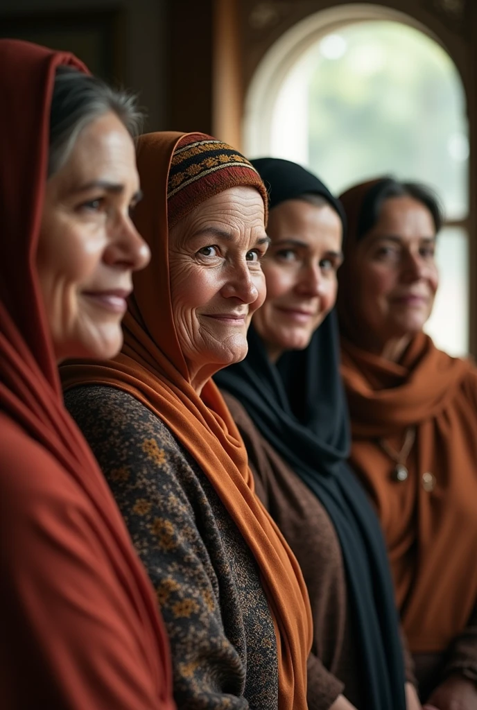 The image shows four women posing together, two of whom are wearing headscarves. They are indoors, possibly in a room with a window.