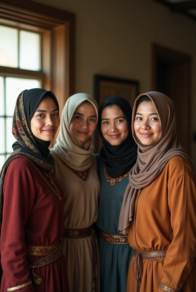  The image shows four women posing together, two of whom are wearing headscarves. They are indoors, possibly in a room with a window.