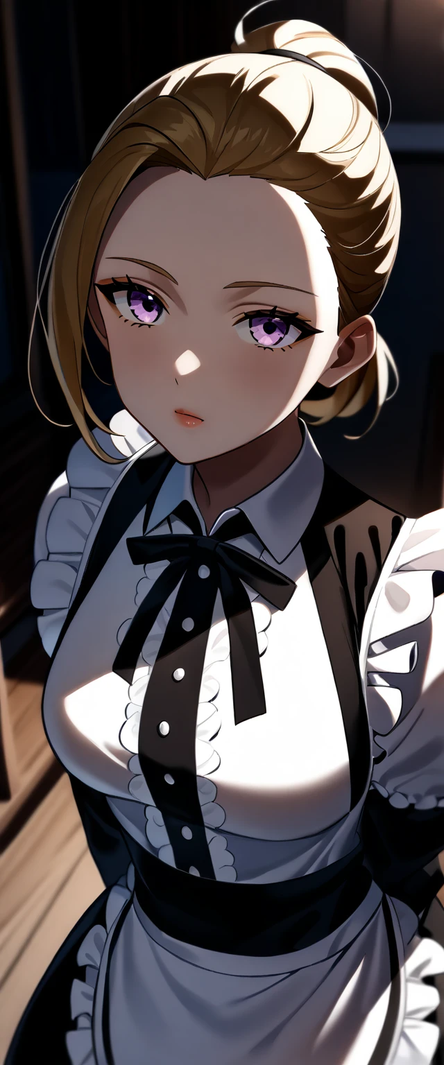 ｛masterpiece　Very detailed　超High resolution　High resolution　最high quality　Very detailedな　detailed woman　high quality　8k｝sexy　Erotic　looking at viewer　Looking up at me　Blonde Hair　((Short Hair))　((ponytail　Hair tied up high))　Center part with bangs swept up　forehead　((slicked back hair))　Forehead　Big eyes　((Pink eyes))　((Maid clothes))