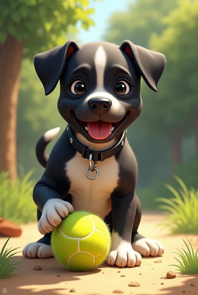 Create an illustration of my pet playing with a tennis ball. 
It is a black male with a white chest and legs., pitbull cross and has a collar with his name on it, "Puchi". And his face is all black, and his ears are small and he holds them low