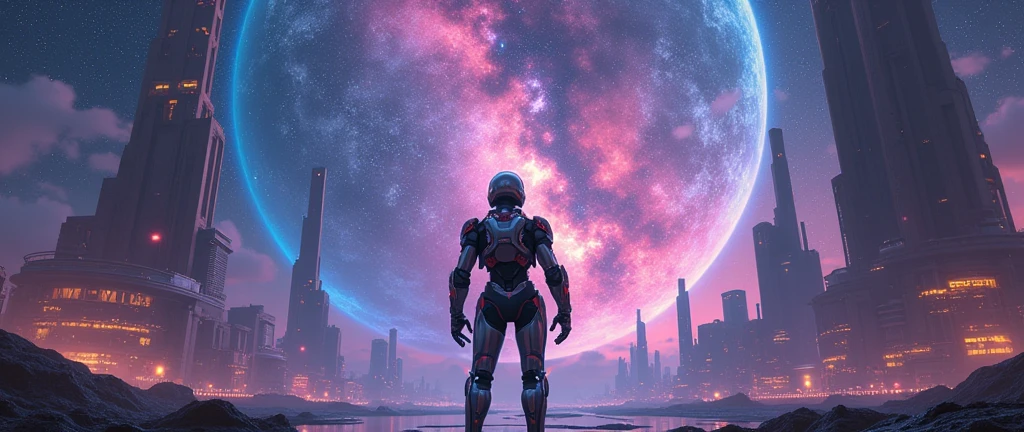 (Futuristic sci-fi scene, cyborg(doom suit) facing back and head looking upward towards the vast sky, gazing into the mesmerizing (cosmos), (beautiful galaxy), with (vibrant neon colors) illuminating the surroundings. In the backdrop, towering structures of modern (architecture) and advanced (buildings) characterize a futuristic Earth, all amidst the stunning backdrop of stars, planets, and cosmic wonder. (High quality), (ultra-detailed), visually captivating.