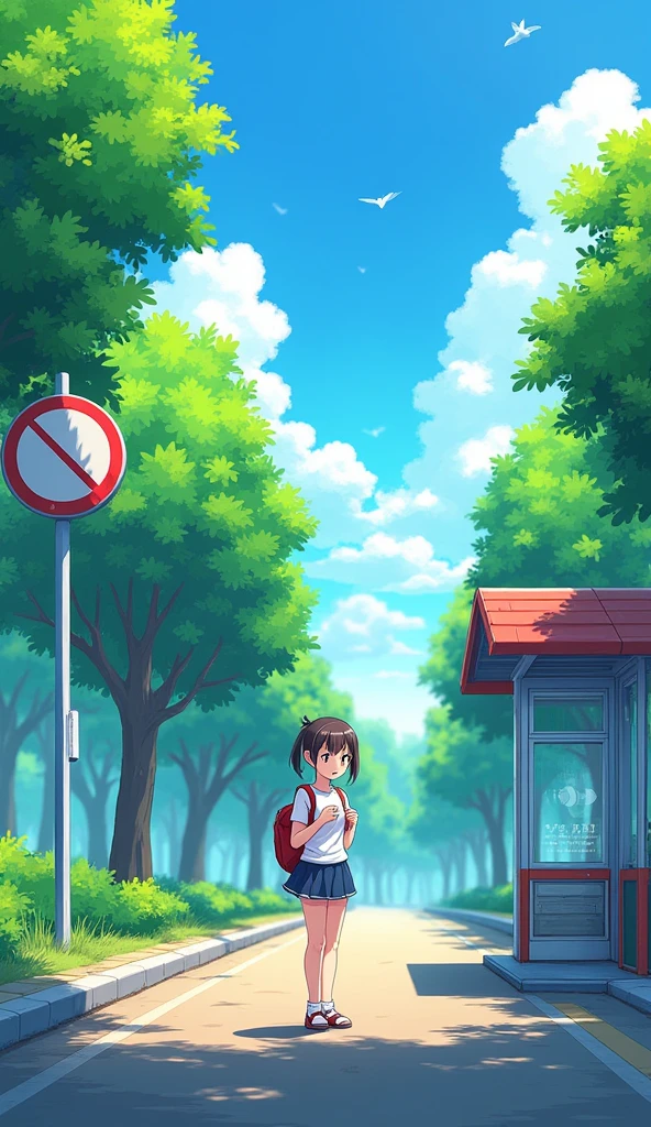 colorful anime sytle. "Draw a anime-style character standing at a bus stop, checking their watch with a curious expression. Around them, there should be trees, a bus stop sign, and a clear sky. The colors should be bright and cheerful." --ar 3:2 --v 5.2