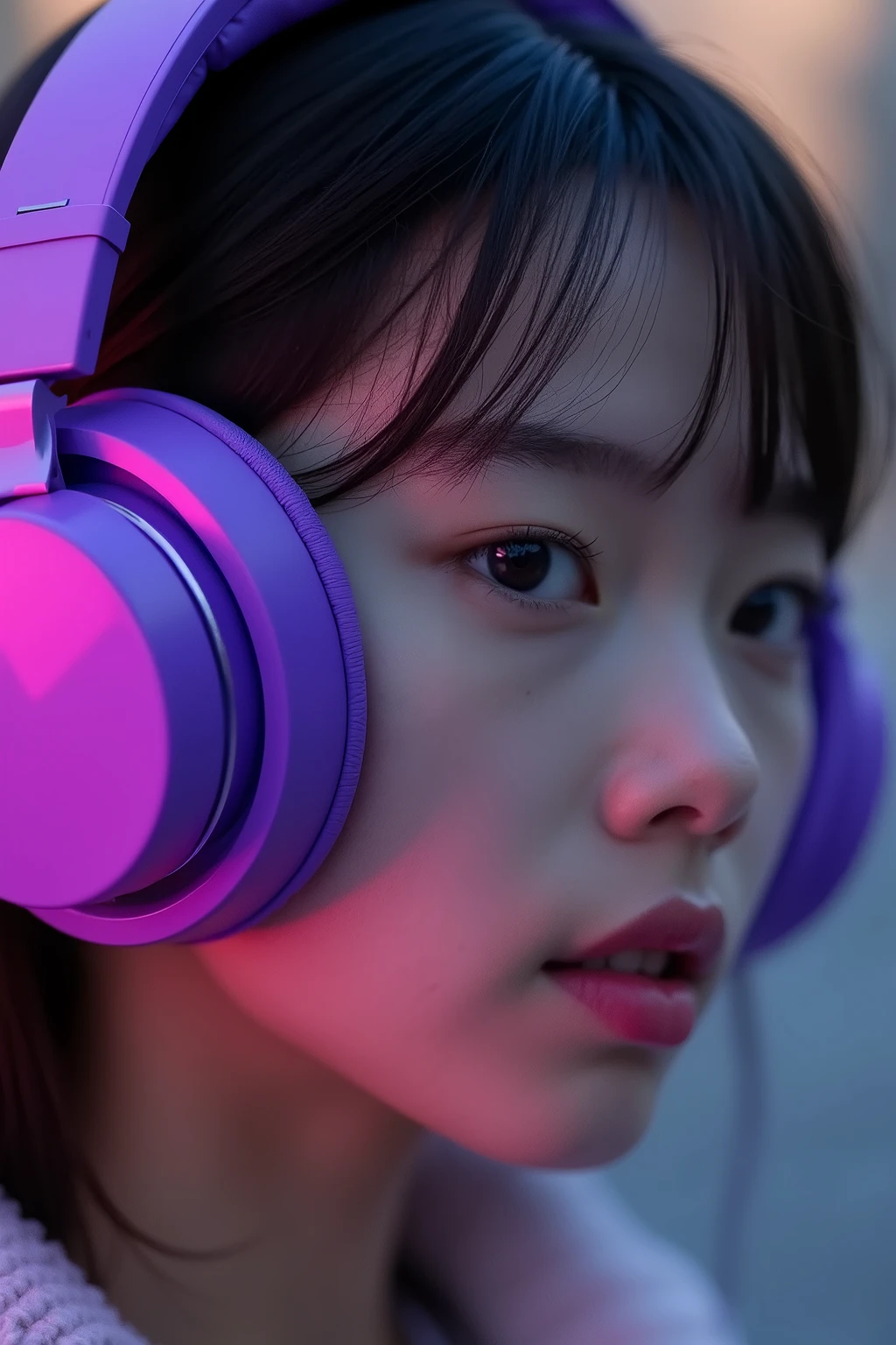 Close-up of a pair of purple-colored headphones on a girl's head, front view from a slight angle to the right and above, ƒ/5.0, headphones,