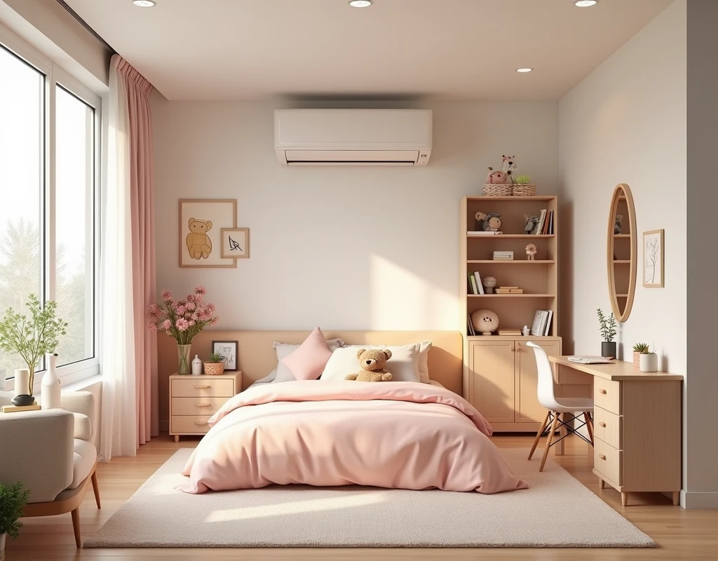 A modern apartment. Daughter bedroom design. Wide room. There is a twin size bed with some teddy bears. There is a small cupboard. There is a children's bookshelf. There is a desk. There are girl's toys. There is an air conditioner. There is a couch. Interior design. Modern cute pastel interior. Great lighting.