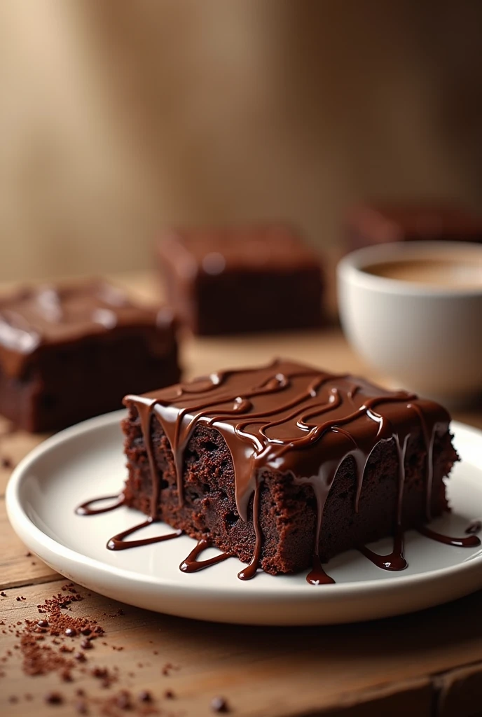 There are delicious chocolate brownies that are eye-catching, Cutes, with a shiny chocolate shell on top with a little melted chocolate that makes you want to eat it. The brownies are on top of a white plate and the background resembles an afternoon coffee. 