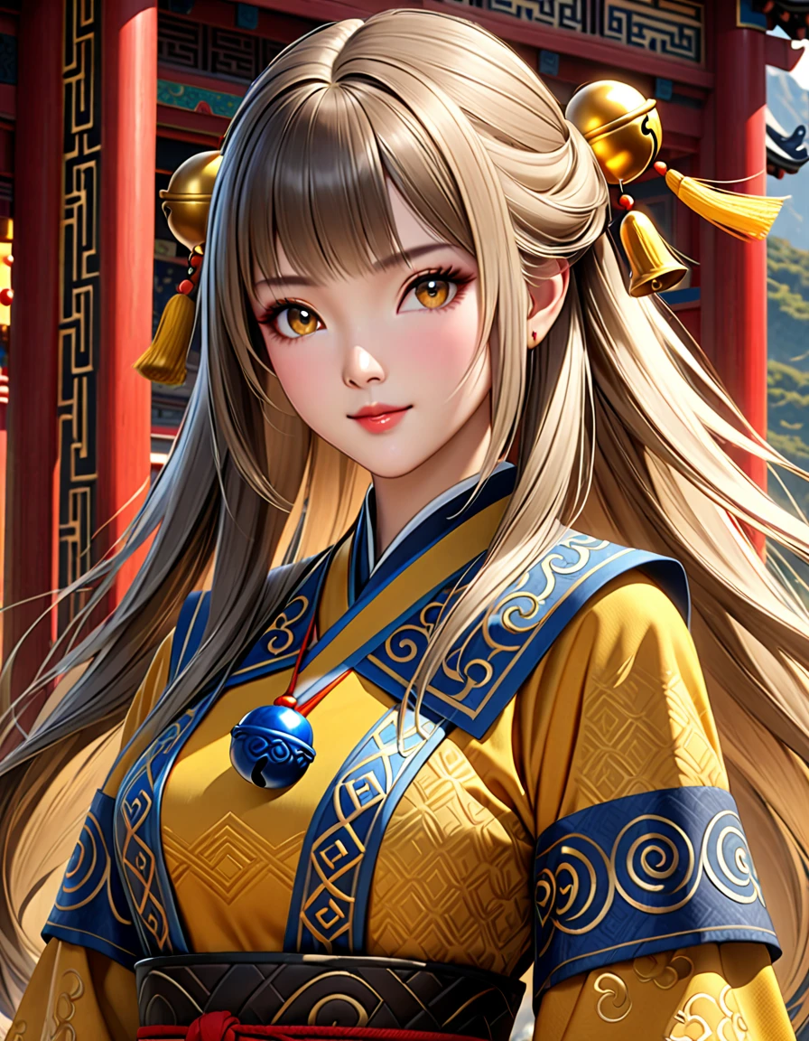 masterpiece, 最high quality, high quality, High resolution, high qualityのテクスチャ, high qualityの影, Attention to detail, Beautiful details, In detail, Highly detailed CGI, Detailed Texture, Realistic facial expression, Beautiful Girl Spirit Taoist、Yellow Taoist Clothing、Bagua pattern（black）、symbol、Spell、bell