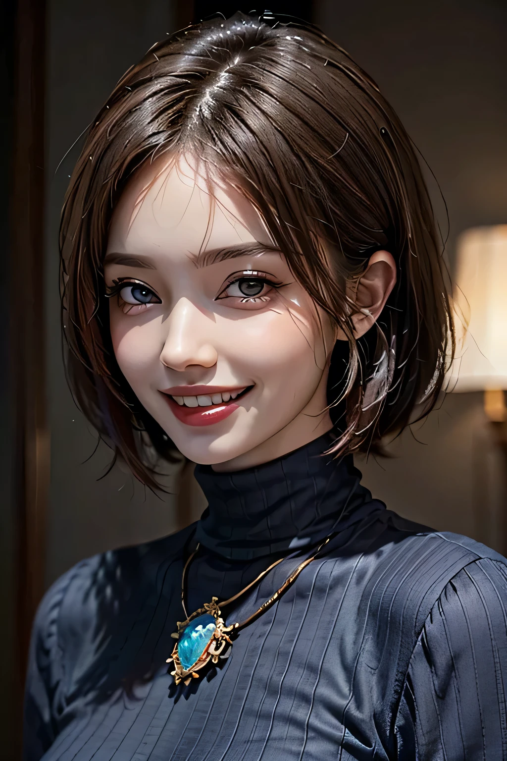 ((masterpiece)), ((Highest quality)), ((Complex)), ((Surreal)), (Realistic), (Mature Woman), ((No classes)), Very detailed, (1 female), Beautiful and exquisite, (Beautiful Teeth), Grin, Brunette bob hair, Brown eyes, ((Blue turtleneck)), (Upper Body), (background:none), Perfect Eyes, Captivating eyes, Looking at the audience