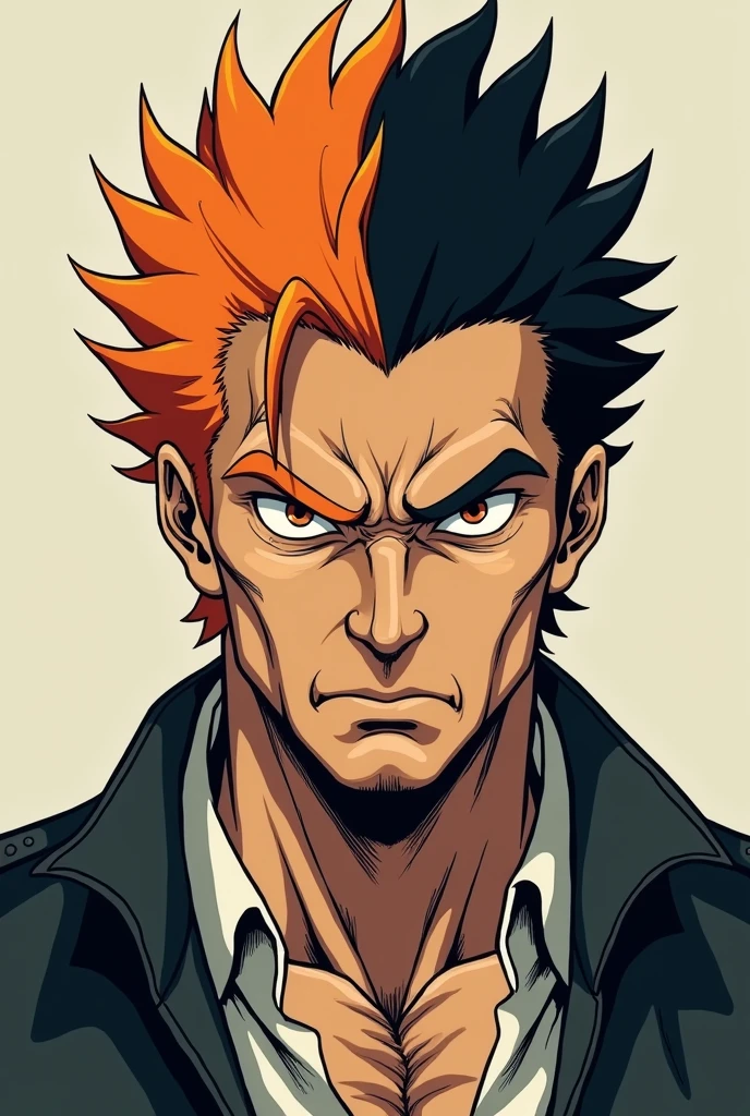 Create an anime style image, with an older man; Orange hair half black. Looking like a rough man, stark.