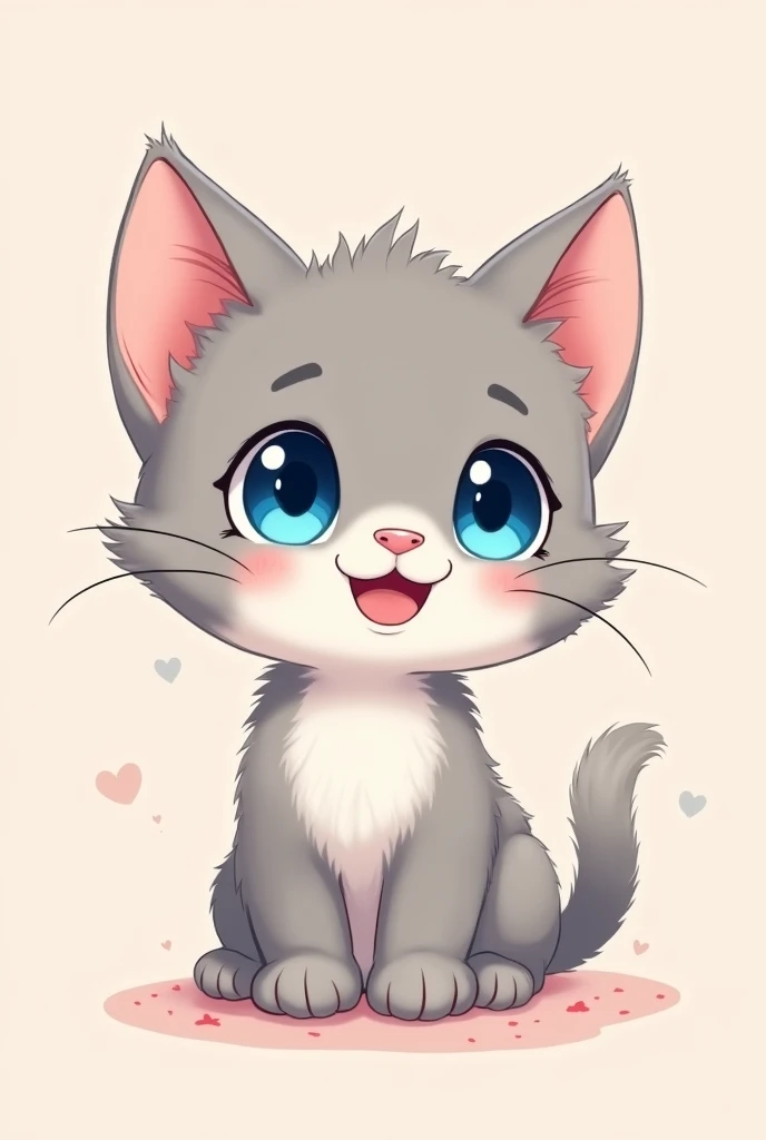 I want an image with an anime-style kitten with blue eyes and a happy face.