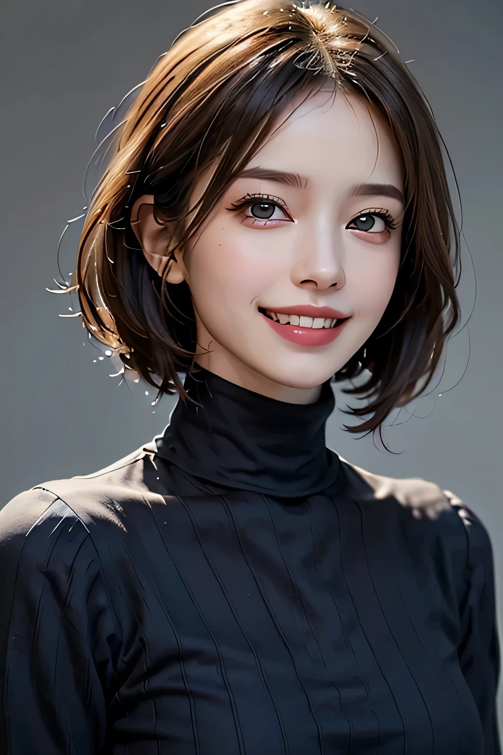 ((masterpiece)), ((Highest quality)), ((Complex)), ((Surreal)), (Realistic), (Mature Woman), ((No classes)), Very detailed, (1 female), Beautiful and exquisite, (Beautiful Teeth), Grin, Brunette bob hair, Brown eyes, ((Blue turtleneck)), (Upper Body), (background:none), Perfect Eyes, Captivating eyes, Looking at the audience