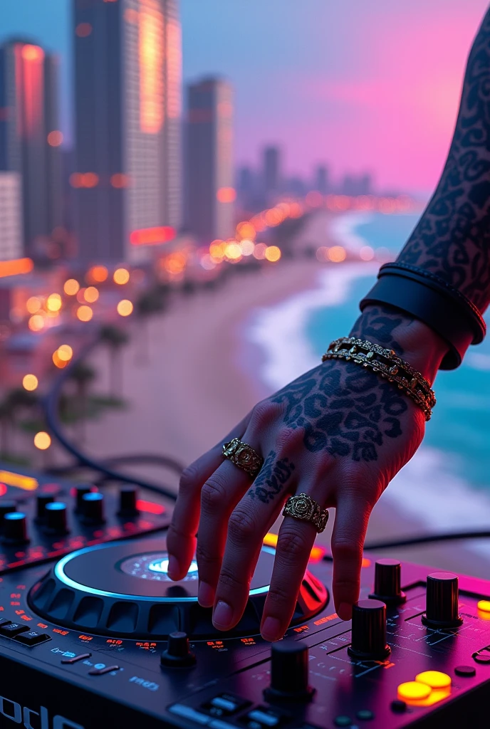 A metropolis on the beach, where there is much more city than beach, with neon colors and animal print, You can see in close-up the hand of a dancer with tattoos and rings turning on a music system