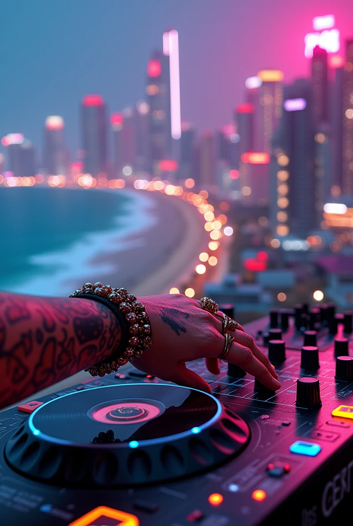 A metropolis on the beach, where there is much more city than beach, with neon colors and animal print, You can see in close-up the hand of a dancer with tattoos and rings turning on a music system