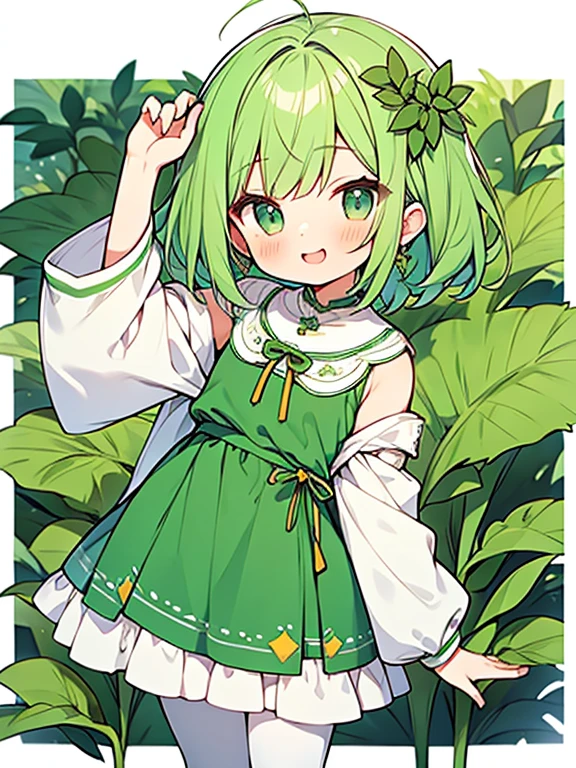 Super cute shota,druid,Simple green dress, Standing seductively,skirt,white pantyhose,laugh,
green hair,