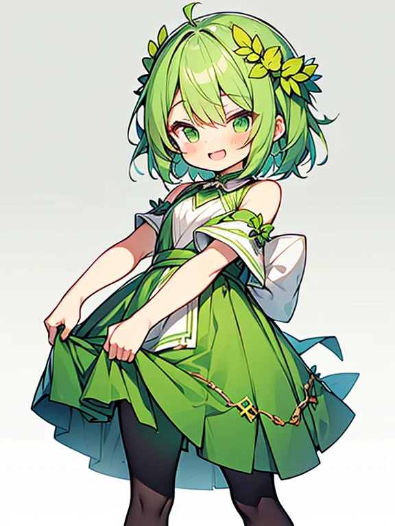 Super cute shota,druid,Simple green dress, Standing seductively,skirt,white pantyhose,laugh,
green hair,