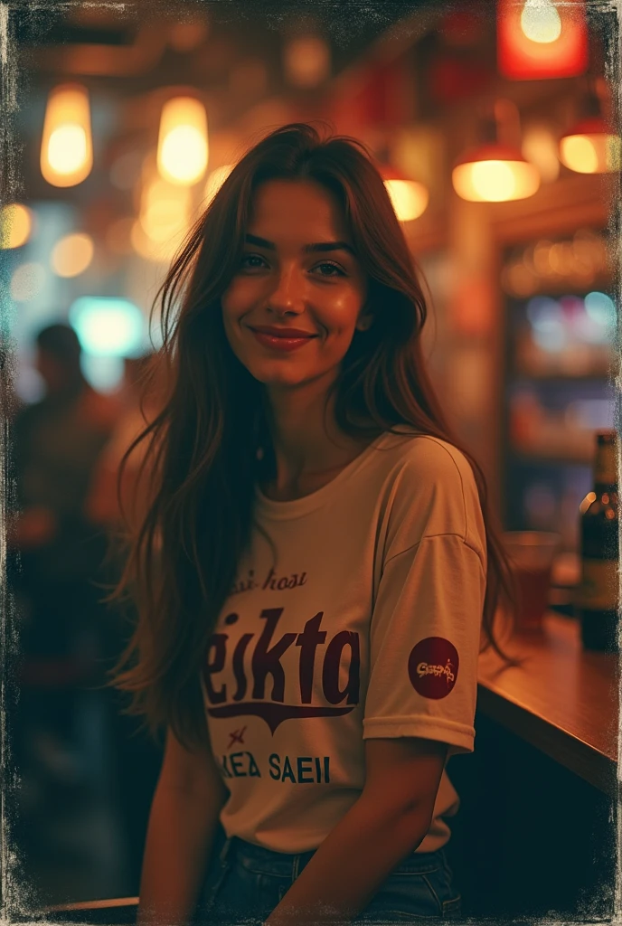 polaroid photo, night photo, smiling shyly, in bar, photo of (: 1,5) cute babyface slim Turkish woman, pale skin, Besiktas shirt and skirt, motion blur