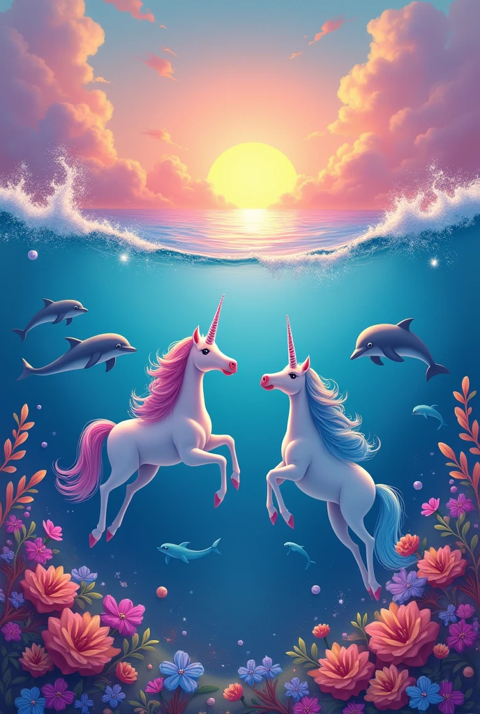 Unicorns and dolphins in a sea , with more kitsch colors and a sunset in the background