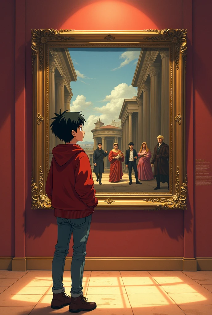 scene: Leonardo, a young artist, is in front of a Renaissance work, admiring its perfect proportions do it as if it were anime Boku no hero