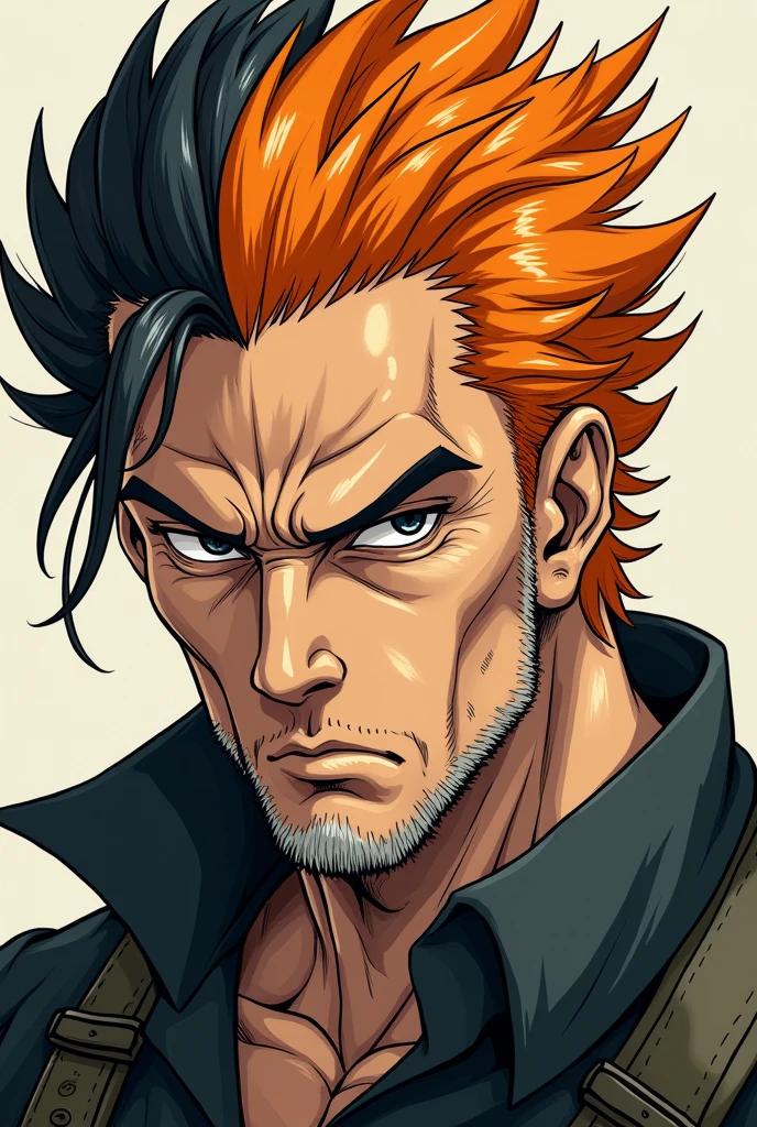 Create an anime style image, with an older man; Orange hair half black. Looking like a rough man, stark.