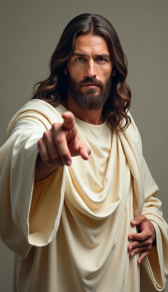 Image of Jesus Christ, medium distance, high quality, realistic. He is pointing his finger towards the camera as if he is speaking directly to me, white clothes