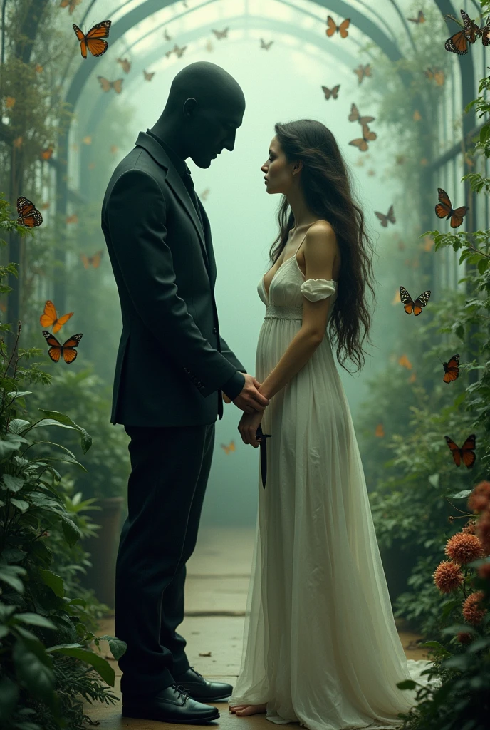Create an image with two boys inside a butterfly house. The boy has a black suit, He has his face covered and is holding the door. The girl is wearing a white nightgown and butterflies are flying around her both. more realistic. The boy and the girl are adults and they are facing each other but they are separated and the boy is wearing a black suit covered from head to toe. More separated. The girl has a dagger in her hand. El chico es blanco y tiene tapada la cara More separated la chica con el cabello suelto. Let the girl grab the dagger. More separated. MORE BUTTERFLIES. THE GIRL IS WITHOUT SHOES AND THE BOY HAS HIS FACE COVERED WITH A. Hood the boy&#39;s suit more fitted to the body. The uniform is more fitted. MORE BUTTERFLIES. LET THEM BOTH LOOK AT EACH OTHER. LET GO OF YOUR HANDS. More separated Y SOLTARSE LA MANO. THE BOY&#39;S SUIT IS ATTACHED TO THE BODY AND PUT ON SHOES
