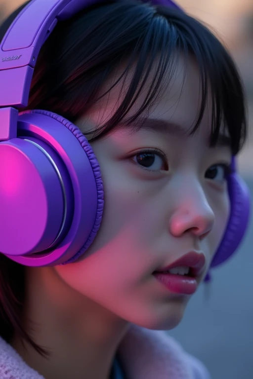 Close-up of a pair of purple-colored headphones on a girl's head, front view from a slight angle to the right and above, ƒ/5.0, headphones,